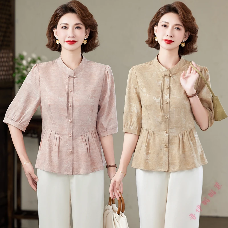 母亲节新款夏季中老年女中袖小衫洋气新中式薄款国风盘扣开衫打底