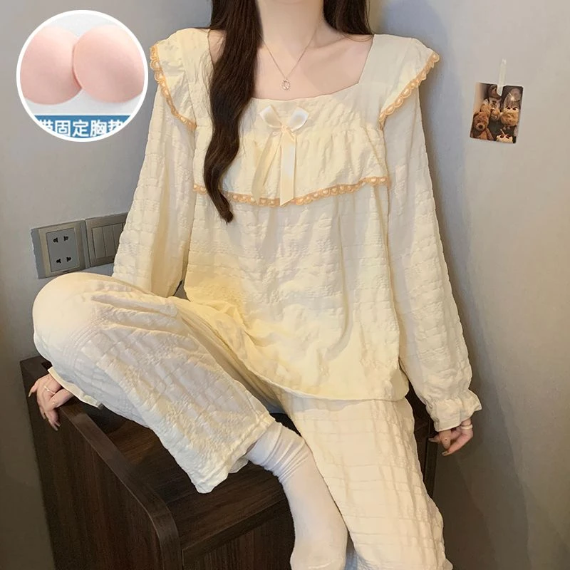 带胸垫睡衣公主风女士长袖长裤云朵棉薄款提花少女花边家居服套装