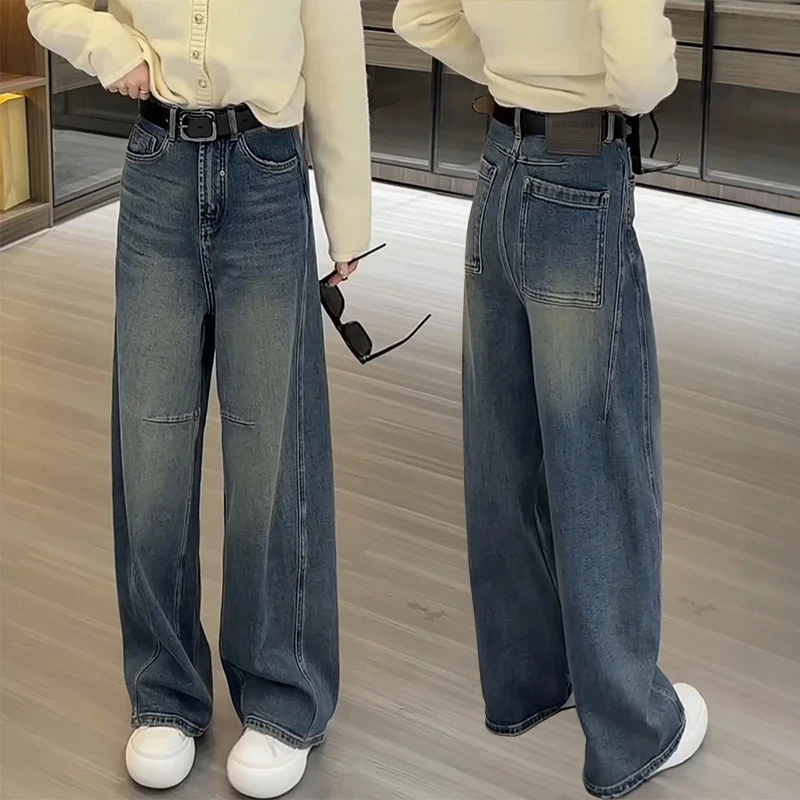 秋冬加绒款大码女装高腰阔腿牛仔裤梨形身材显瘦宽松直筒弯刀裤