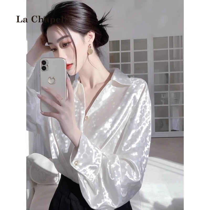 拉夏贝尔法式独特别致漂亮小众轻奢冷淡系高级缎面白色衬衫春季女