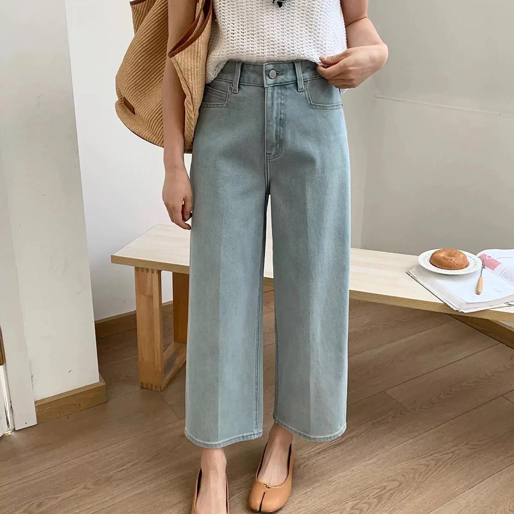 Kabodo92080牛仔裤女春新阔腿裤卡布巴布高腰冰川蓝九分奶奶裤