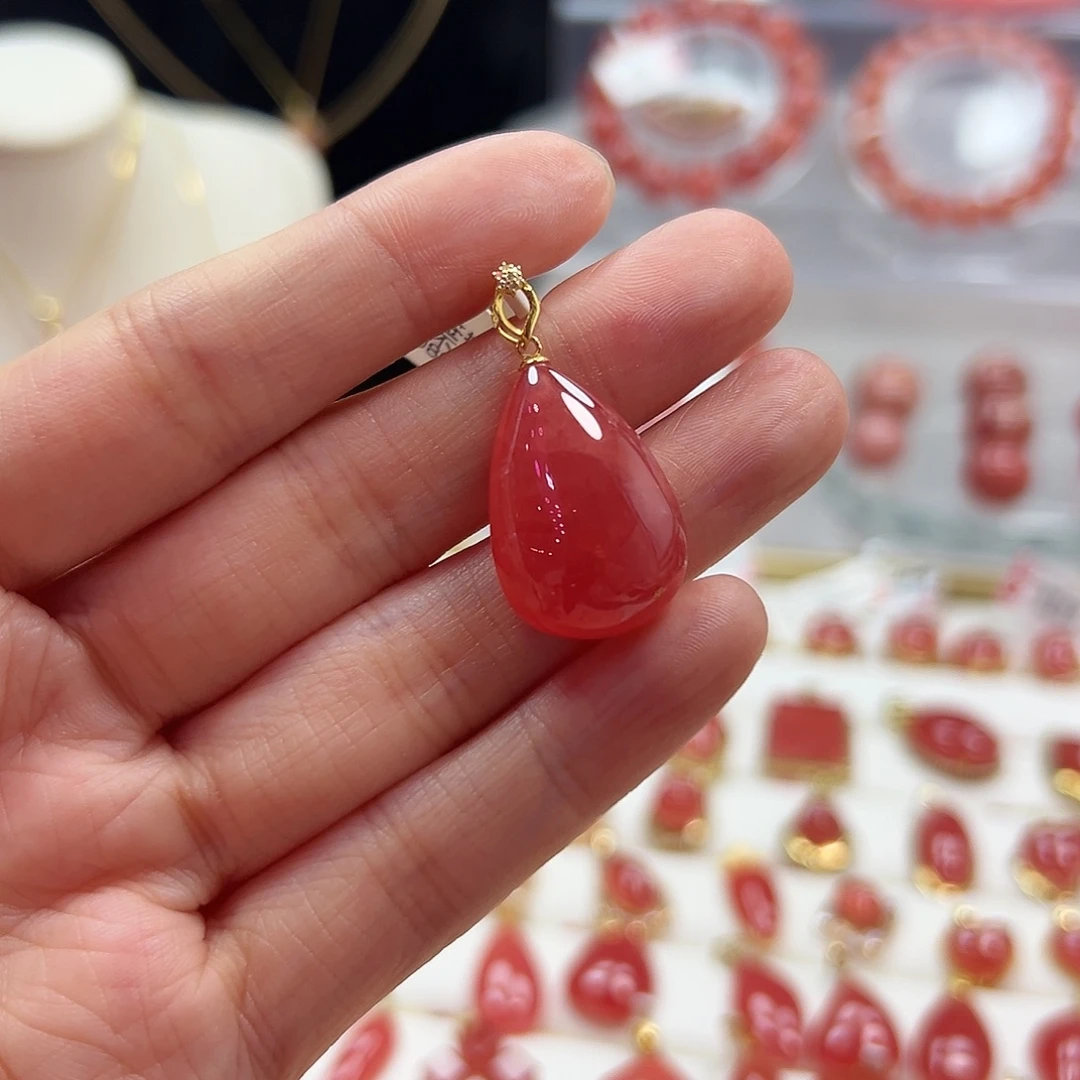 菱锰矿（红纹石）18K金镶嵌吊坠(不含链)