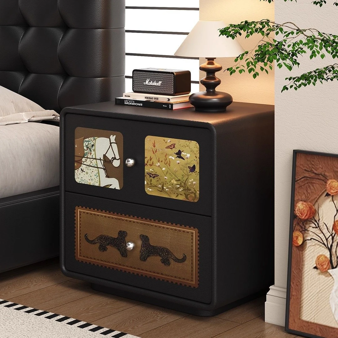 床头柜纯实木中古风家用卧室小型收纳柜子2025爆款高级感印花柜子