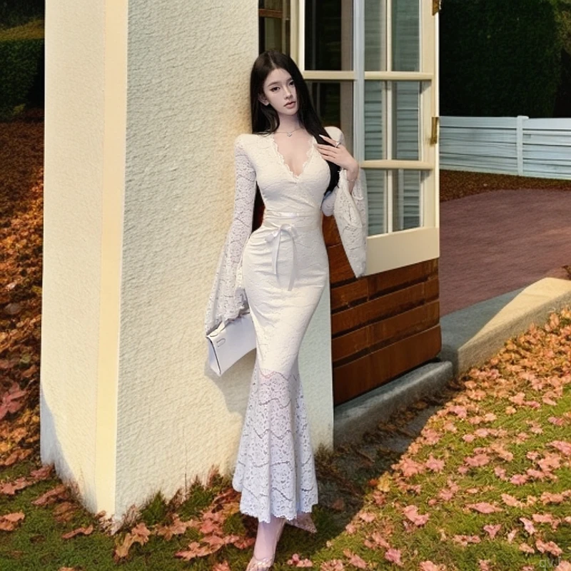 鱼尾长裙女粉色蕾丝喇叭袖连衣裙御姐风包臀女神长裙财阀千金女装