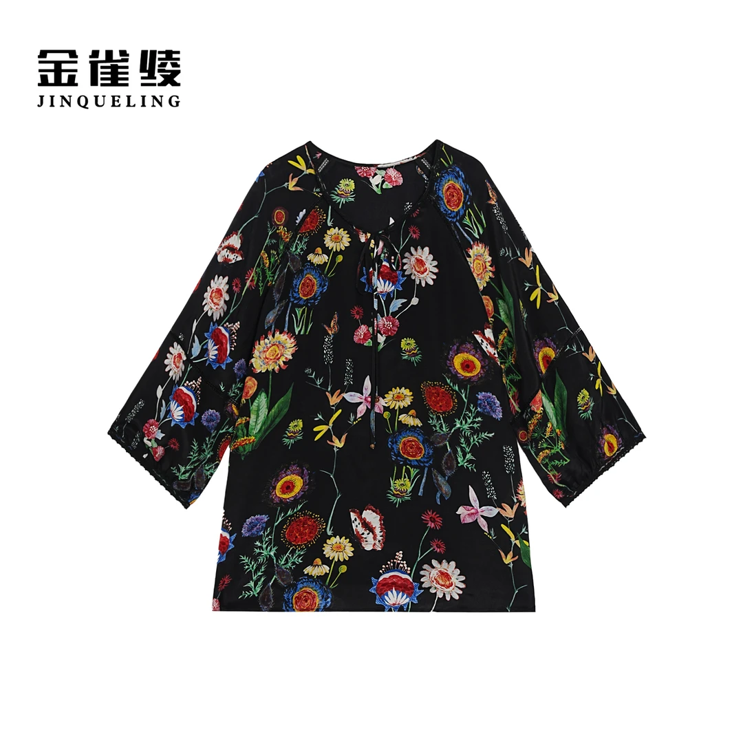 金雀绫【七彩小雏菊】100桑蚕丝舒适透气满印大码女装衬衫SZA1S214
