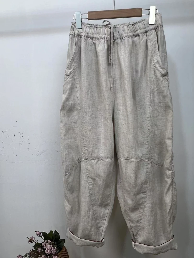 【麻酷】韩版时尚雨露亚麻纯色设计版弯刀裤宽松百搭显瘦网红爆款