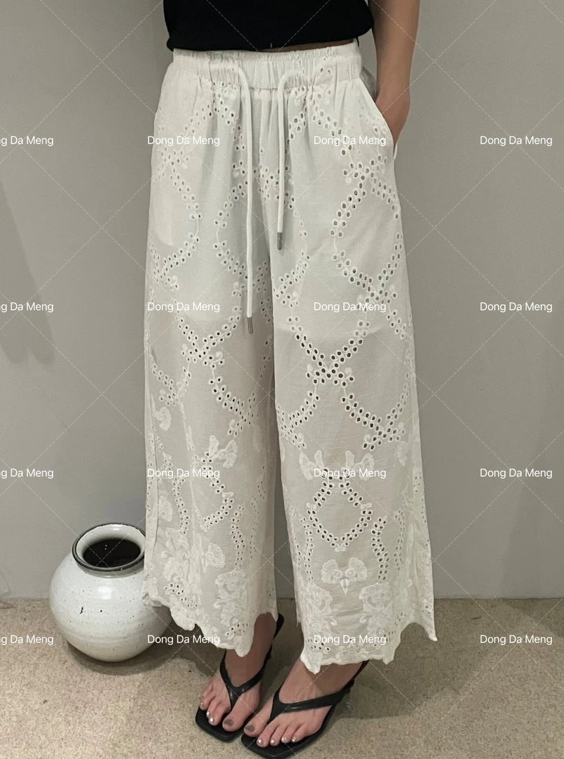 25-182白色镂空蕾丝薄款休闲宽松直筒阔腿八分裤