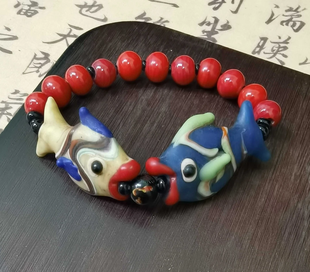 老琉璃复古百搭亲亲小鱼红色手串5011704