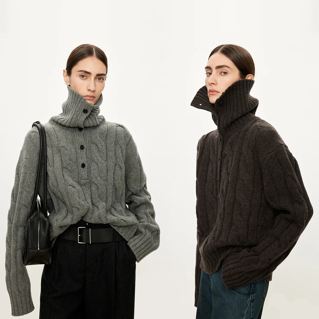 JOC复古老立体粗针绞花英式羊毛_多造型立/翻领倒T廓形毛衣