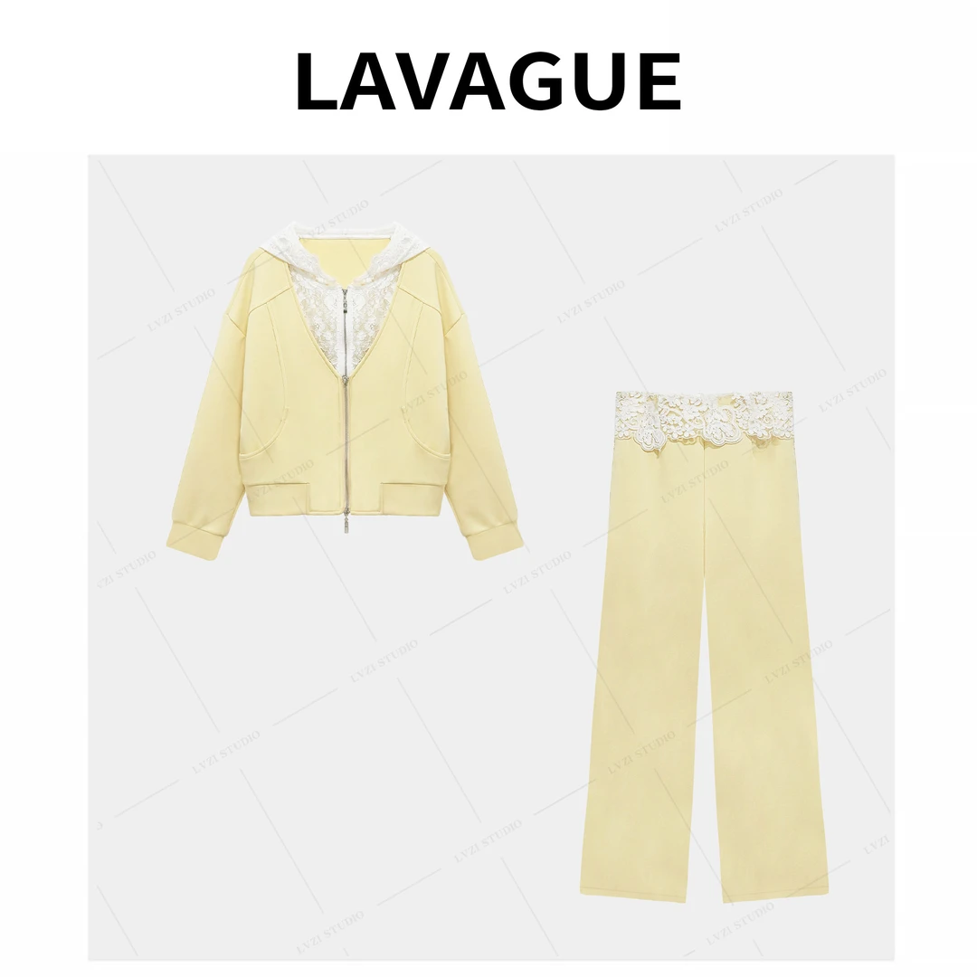 【许半夏推荐】假两件拼接蕾丝连帽外套+裤子  LSS59011  023