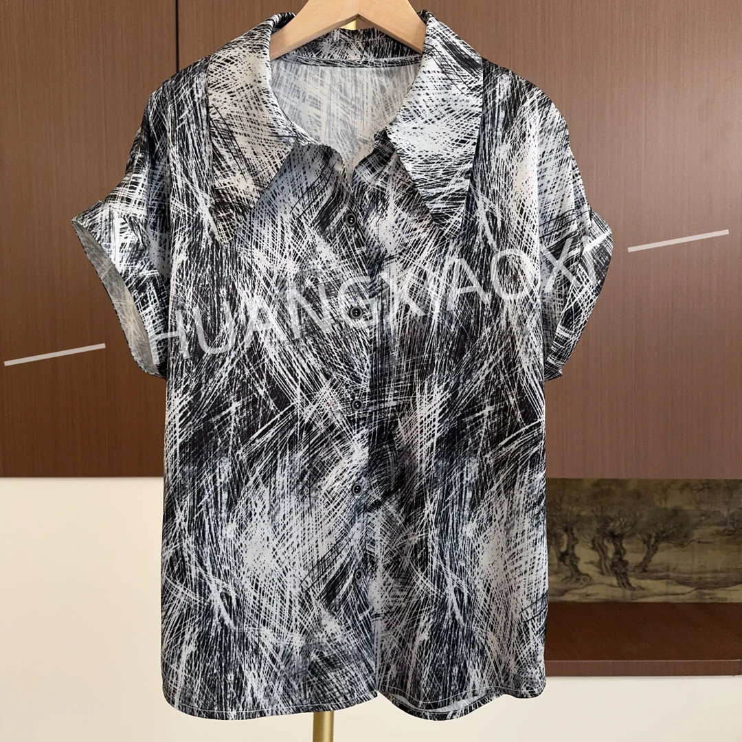 HUANGXIAOXI 科技感银灰系大翻领短袖衬衫小衫 HXX-037