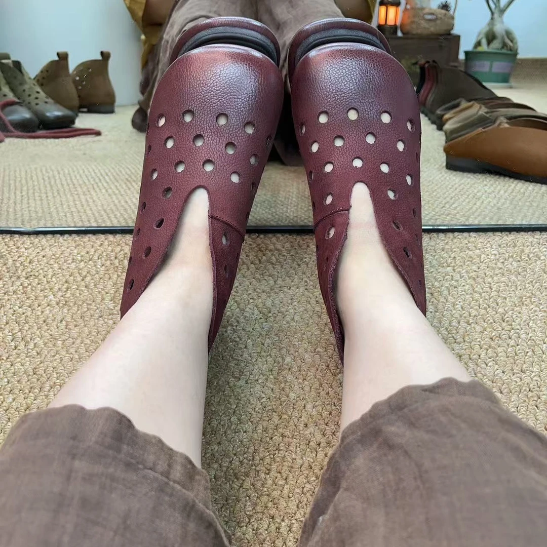 原创复古真皮单靴女镂空透气休闲舒适圆头一脚蹬夏季平底妈妈鞋
