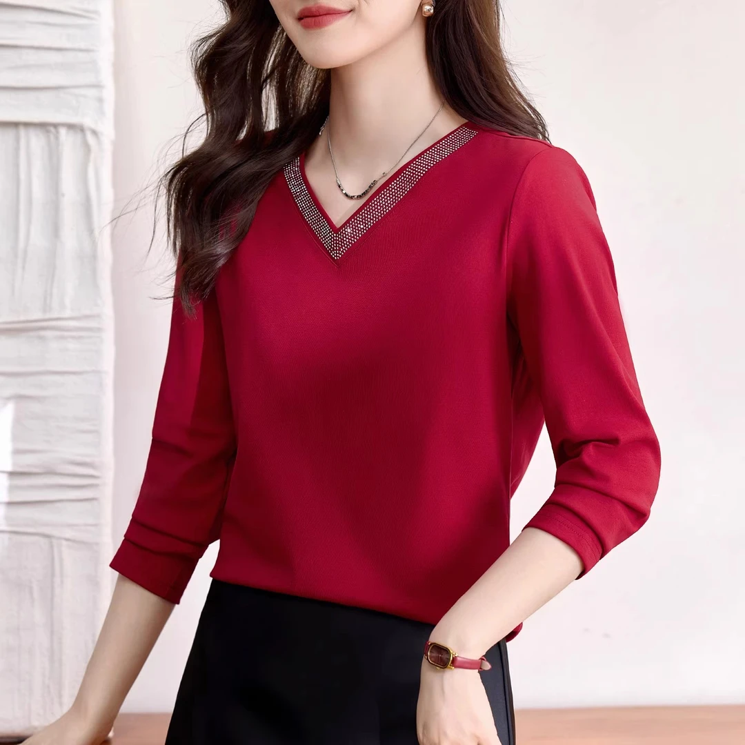 V领长袖t恤女士打底衫2025新款秋季爆款女装洋气减龄上衣正肩体恤