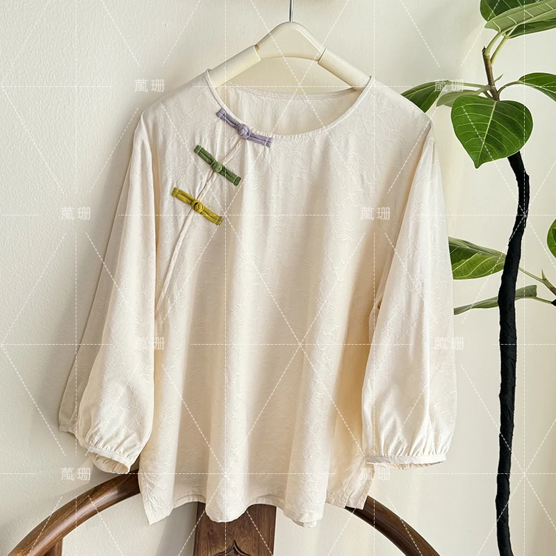 【三扣禅意小衫】夏季提花圆领中式国风盘扣小衫上衣52271