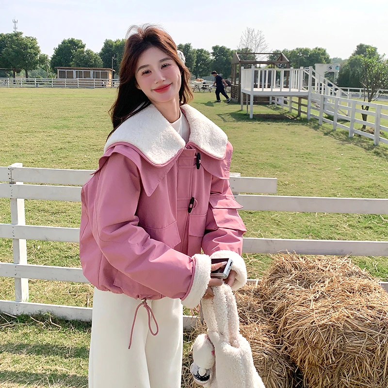 树莓色大翻领羽绒服女冬季2024新款日系甜美学院风小个子加厚外套