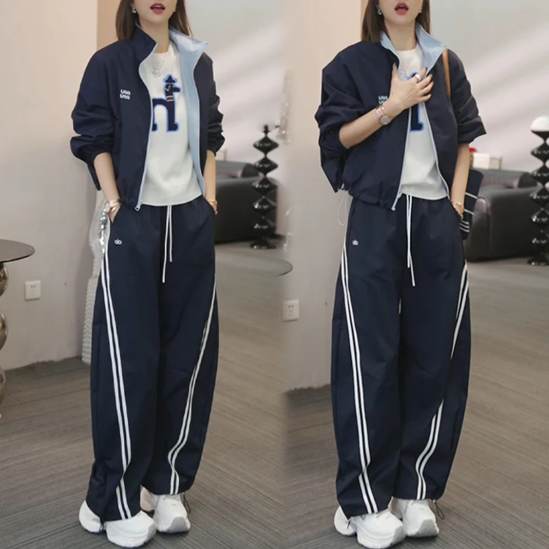 美式复古运动套装女2025春秋新款棒球服卫衣外套休闲阔腿裤两件套