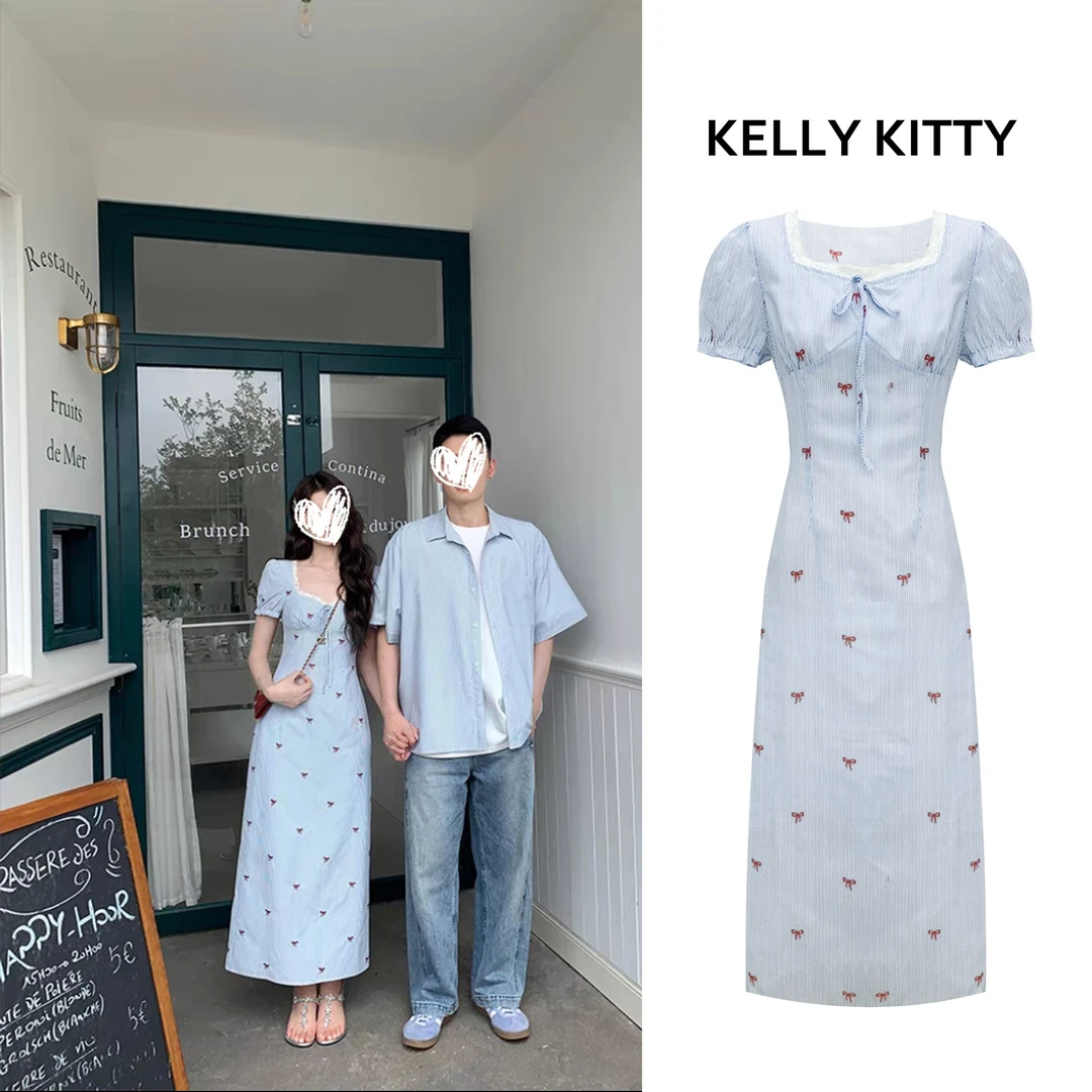 【蓝风铃】刺绣蝴蝶结泡泡袖连衣裙女条纹俏皮花边拼接长裙D8132