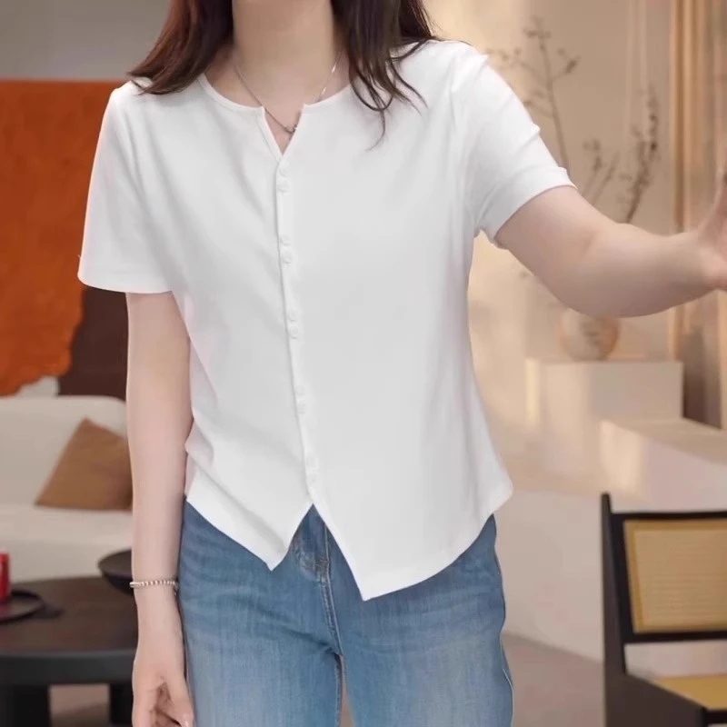 设计感双扣开衫短袖T恤夏季大码女装胖MM显瘦宽松时髦减龄上衣