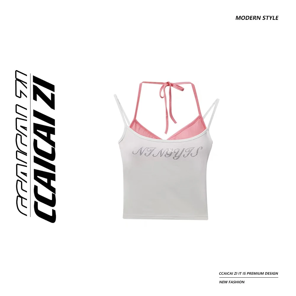 CCA297【魅力磁场】挂脖双肩带假两件吊带背心辣妹上衣带