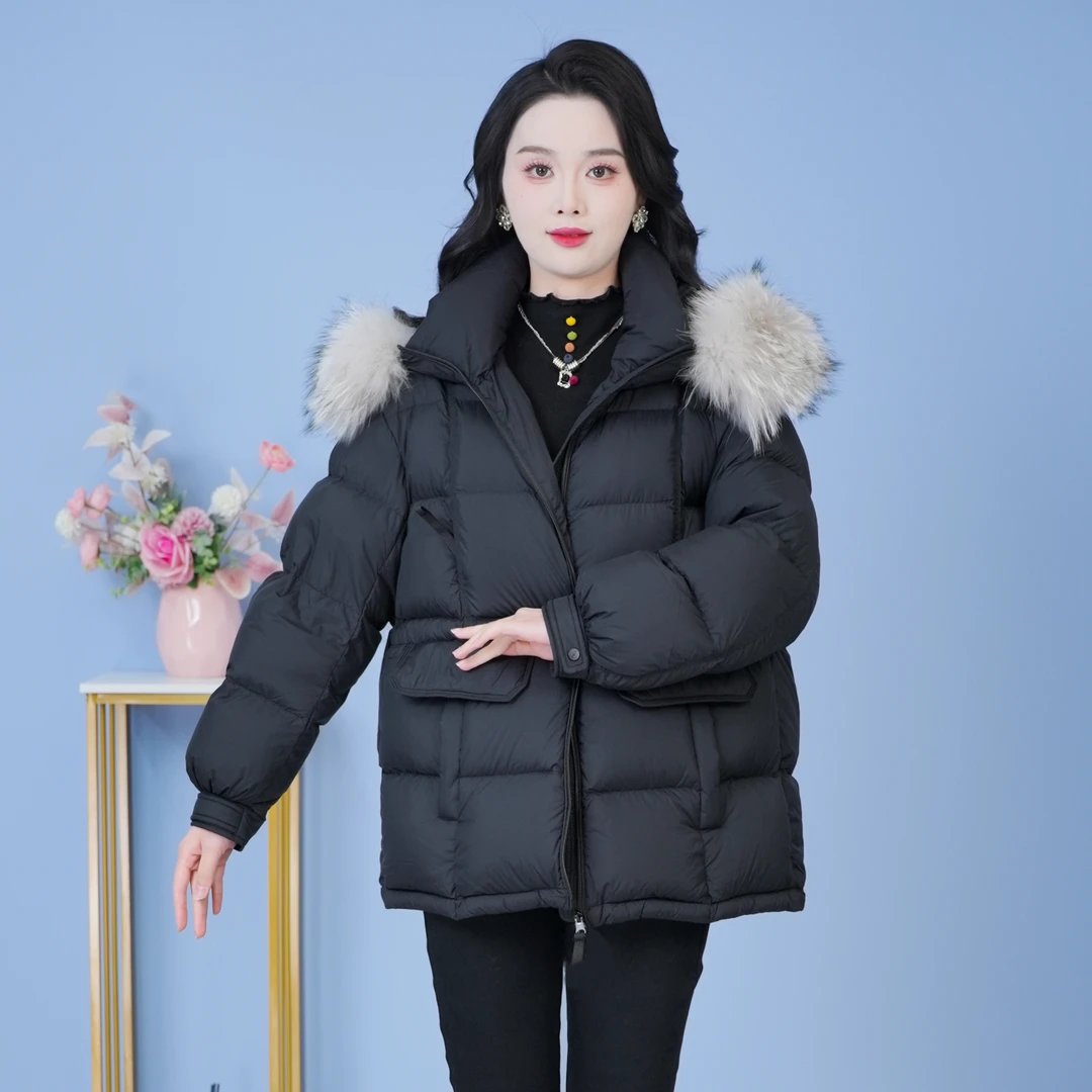 真毛领纯色连帽气质保暖时尚加厚宽松2025年羽绒服女SJYH5130