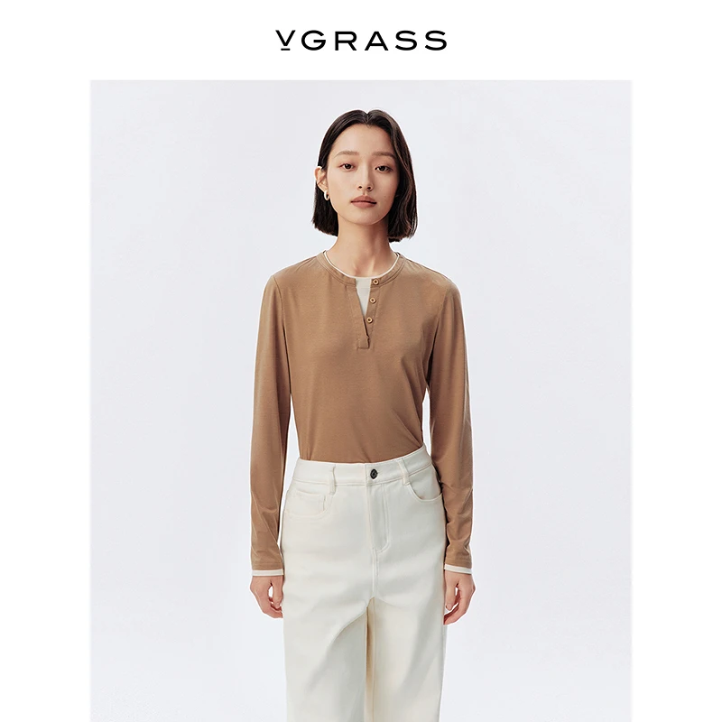 【羊羊专属】VGRASS欧若动感风25春新款假两件修身T恤VST3Q1555D