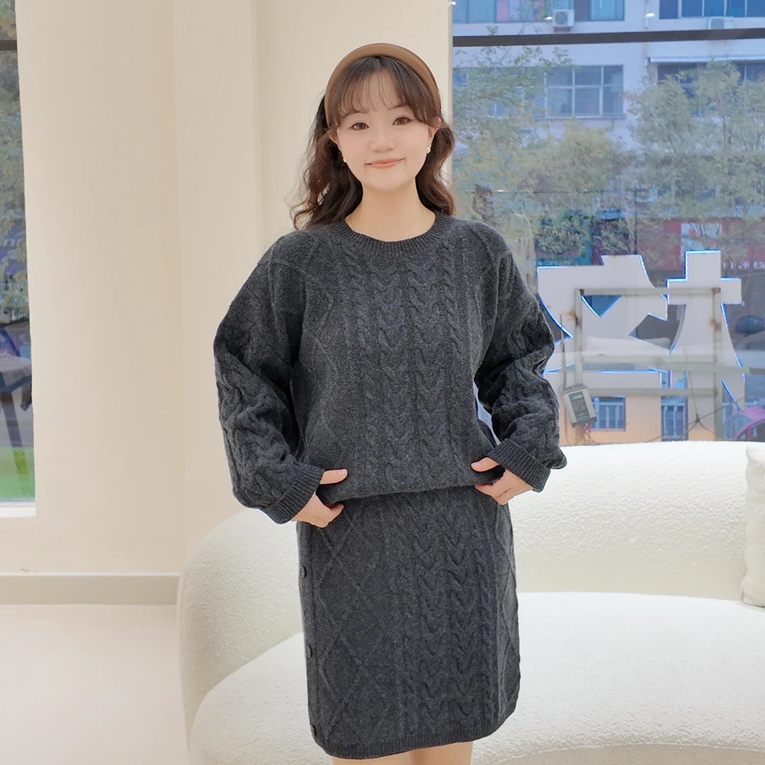 【新品预览系列】针织麻花上衣半裙套装