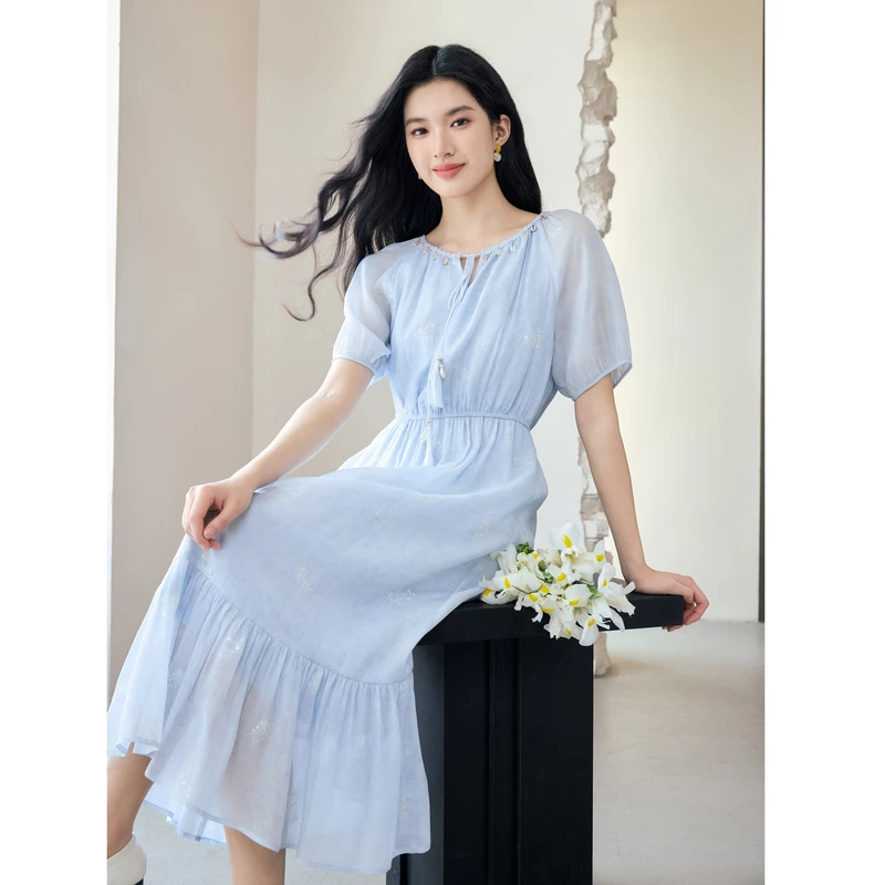 秋水伊人通勤裙子2025年夏季新款蕾丝花边连衣裙625204C020554