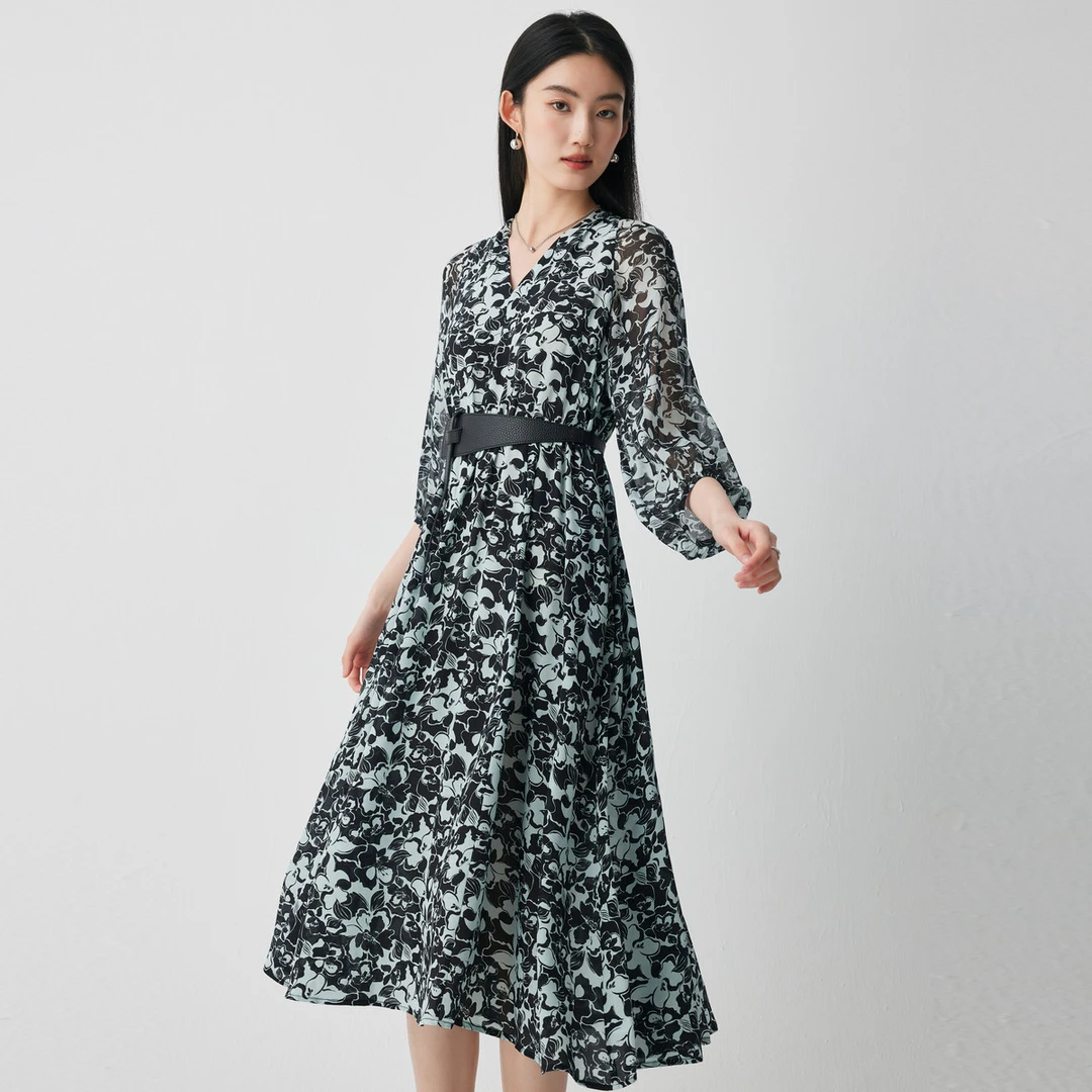 帕罗春夏V领显瘦系带优雅印花时尚真丝连衣裙女ES2F0826Z