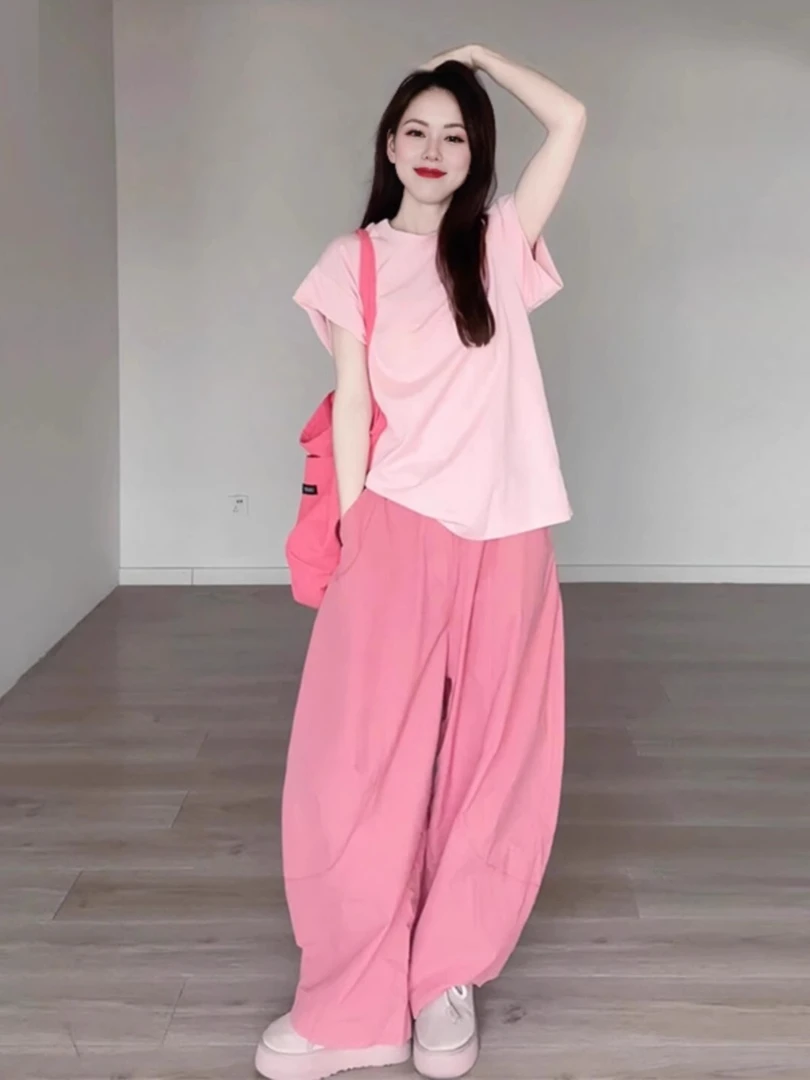 夏日多巴胺一整套T恤阔腿裤两件套慵懒风俏皮活泼减龄套装小个子