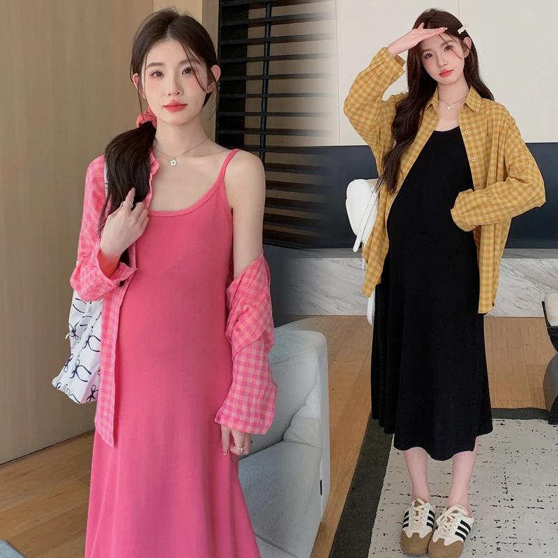 早秋新品孕妈复古格子长袖衬衣＋针织吊带裙两件套