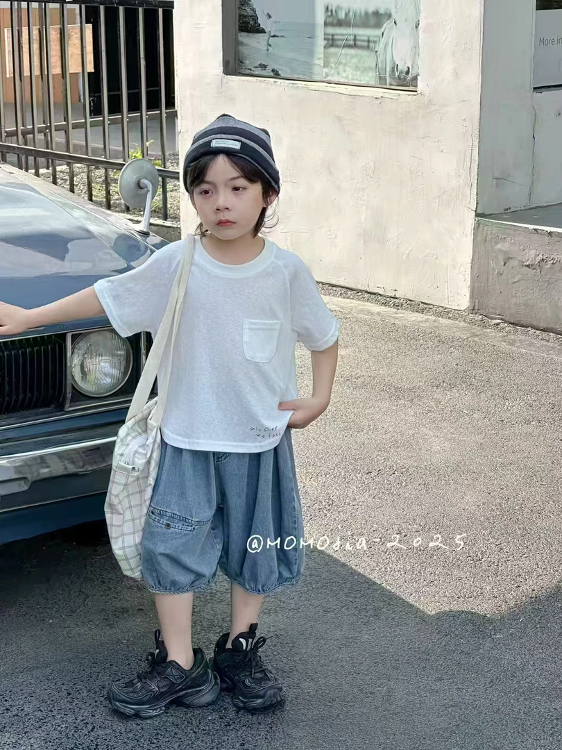 上衣夏季纯色T恤短袖宽松韩版百搭童装时尚男宽松型牛仔薄款套装