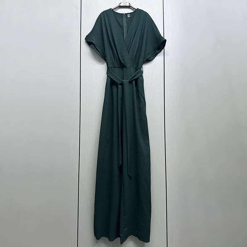 外贸原单175高个子新款女装百搭短袖V领连体裤显瘦阔腿休闲连衣裤