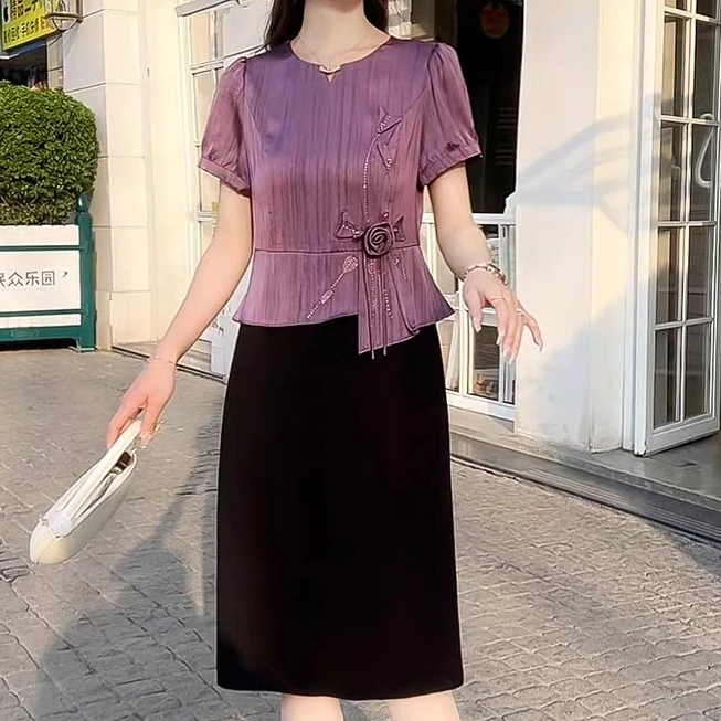 气质拼接连设计感显瘦时尚优雅中长连衣裙A13104