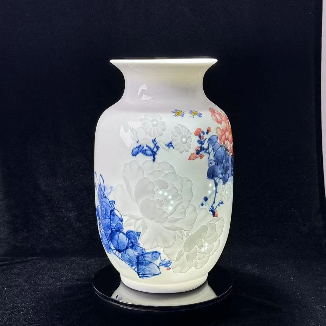 景德镇陶瓷手绘花瓶半刀泥瓷器冬瓜瓶插花中式玄关博古架工艺摆件