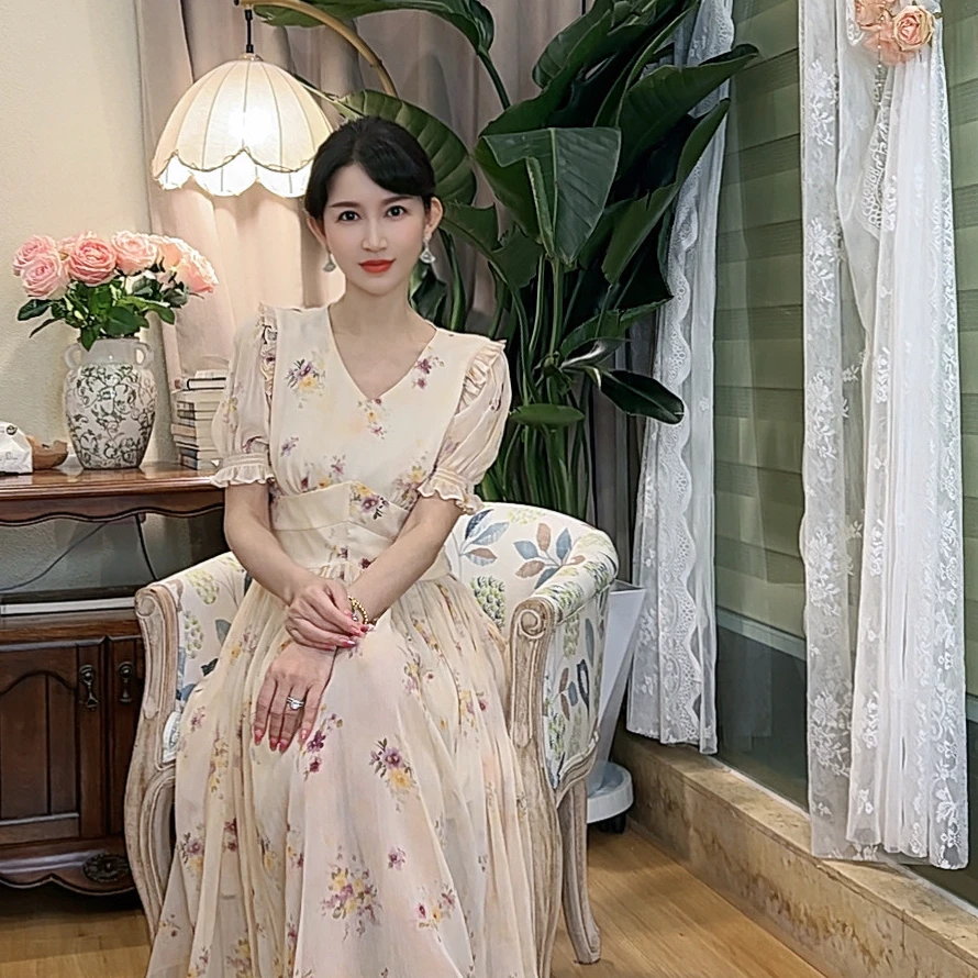 【美人如画】 AN114 安妮老板 法式碎花收腰气质甜美显白短袖连衣裙