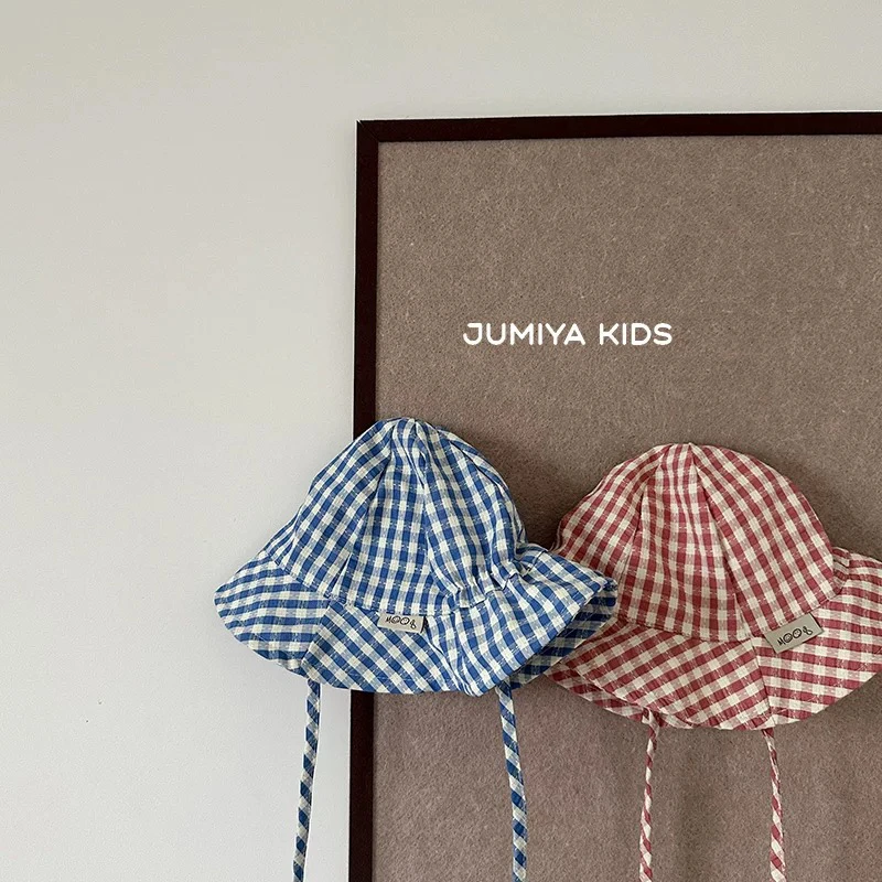 婴儿渔夫帽子春夏薄款小童宝宝大沿遮阳绑带格子婴童防晒盆帽