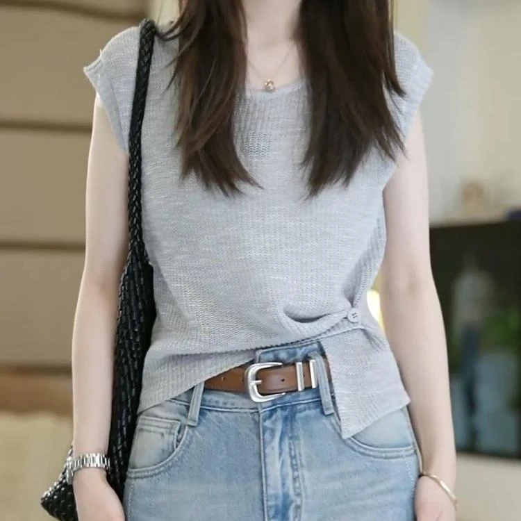 气质薄款针织上衣女2025新款夏季高级感独特别致下摆侧扣短袖t恤
