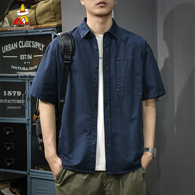 Mexican/稻草人美式复古男士夏季衬衫短袖宽松休闲纯棉工装衬衣薄