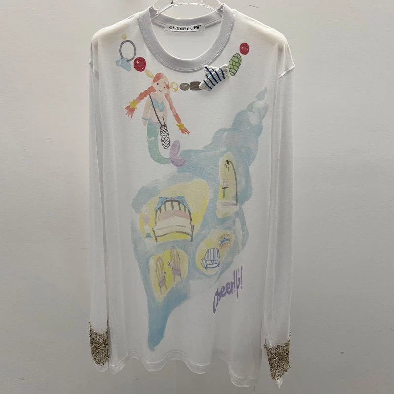 CHEER UP UNIFORM25夏季新品美人鱼海螺小窝袖口拼接长袖T恤