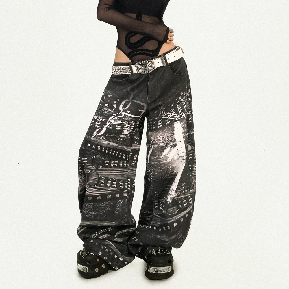 NicoMolly【现货】原创朋克印花无性别牛仔裤宽松直筒阔腿裤-NKZ04