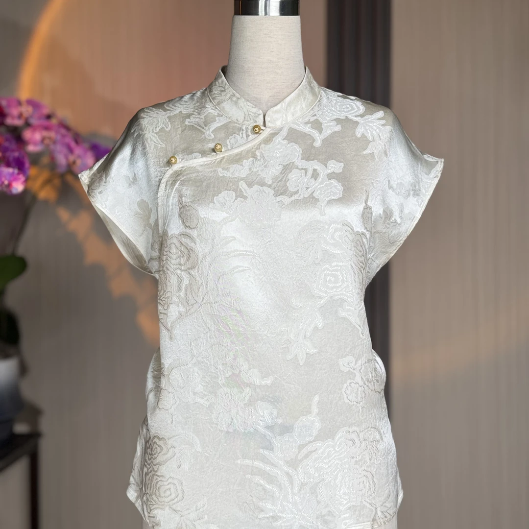 【玉妍】提花中式上衣斜襟常规夏季民族风立领衬衫提花薄款上衣