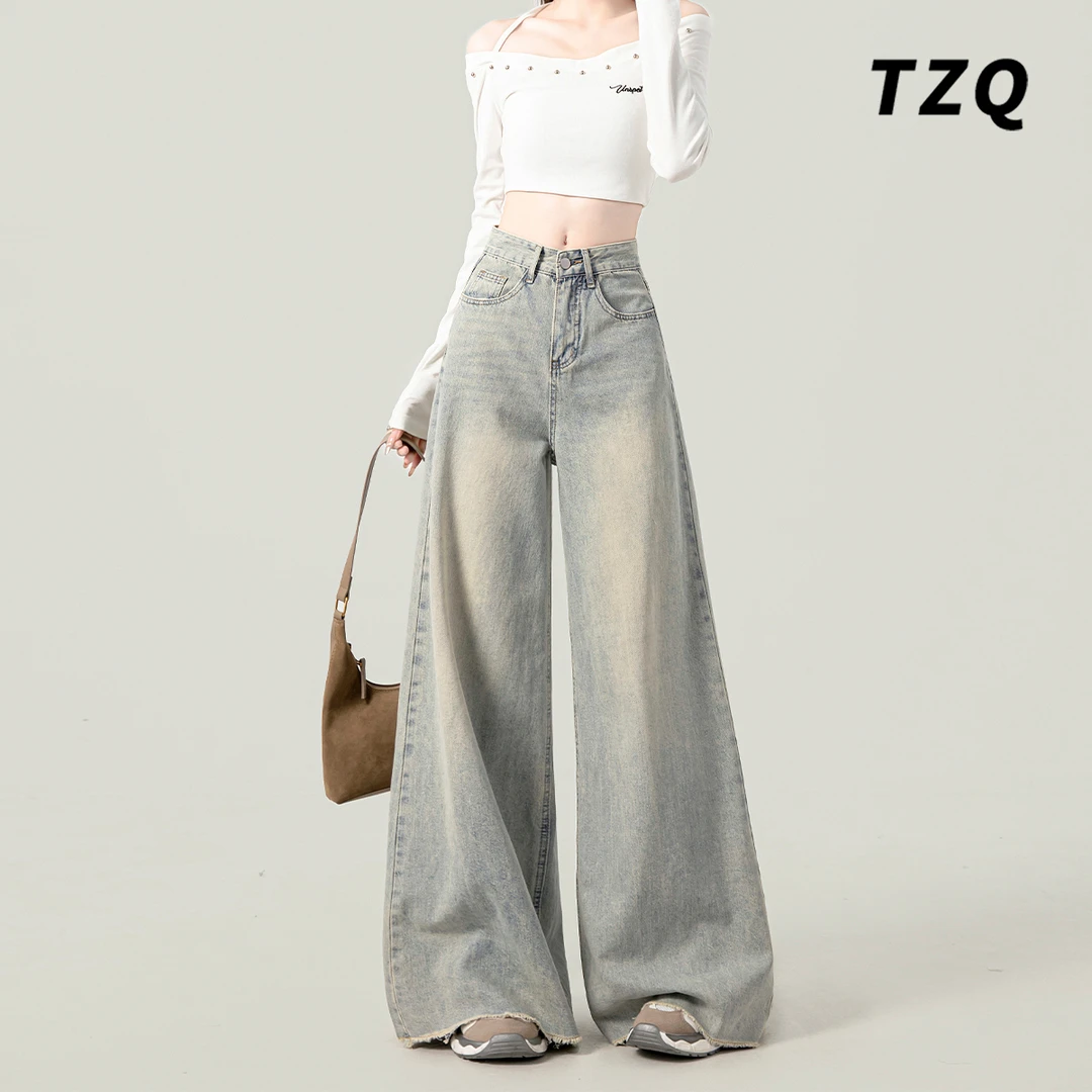设计感水洗毛边垂感牛仔裤女小众宽松阔腿裤高腰拖地裤子TZQ90345