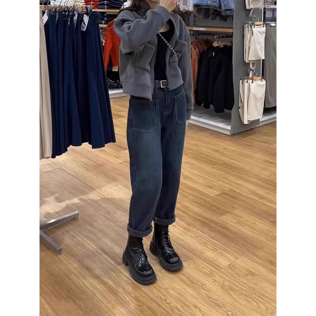 大码冬季款加绒高腰遮肉显瘦女牛仔裤梨形身材宽松百搭弹力哈伦裤