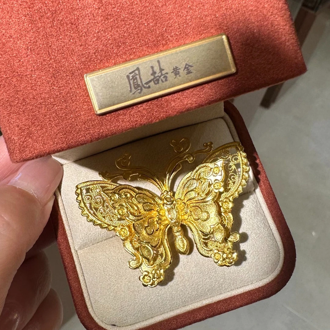 鳳喆古法錾刻镂空花丝精品工艺设计师款花蝴蝶戒指五金国风足金