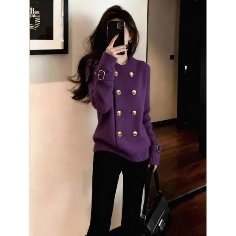 2026冬双排扣开衫美式复古风时尚百搭休闲随性松弛紫色毛衣外套女