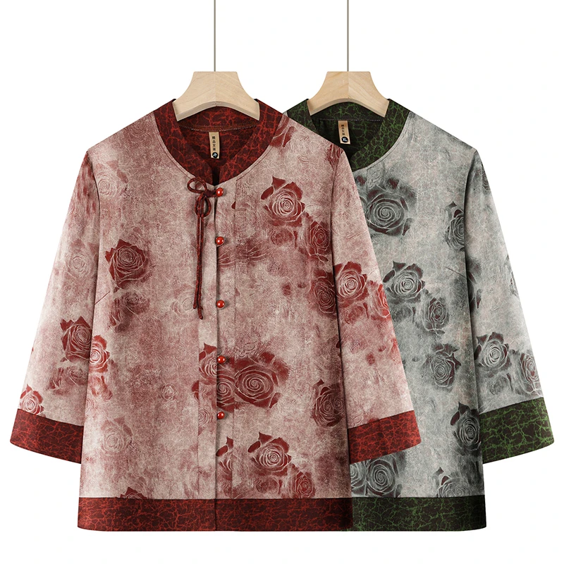 奶奶夏装七分袖衬衫老年人夏装衣服中年人妈妈装夏季洋气唐装衬衣