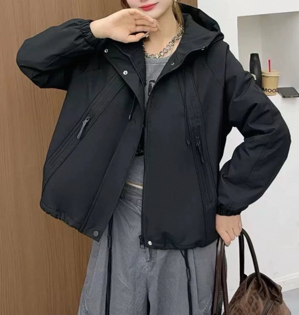 【岳姐姐】新款韩系夹棉连帽外套女工装休闲宽松时尚百搭冲锋衣1103