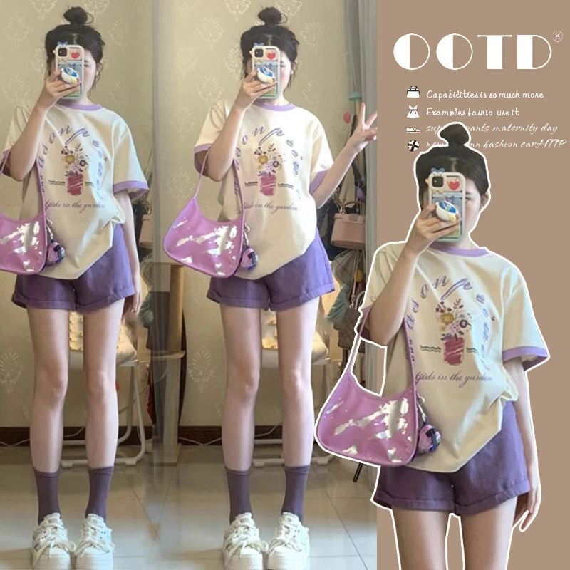 时髦孕妇装新款夏装小个子宽松拼色短袖上衣短裤休闲孕妇两件套装