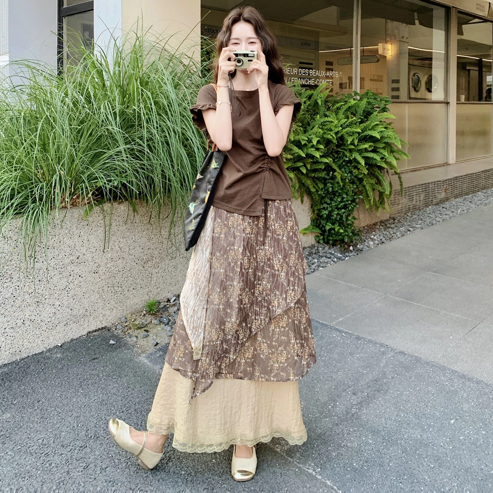复古日系花边拼接袖口T恤两件套女2025夏季撞色不规则半身裙套装