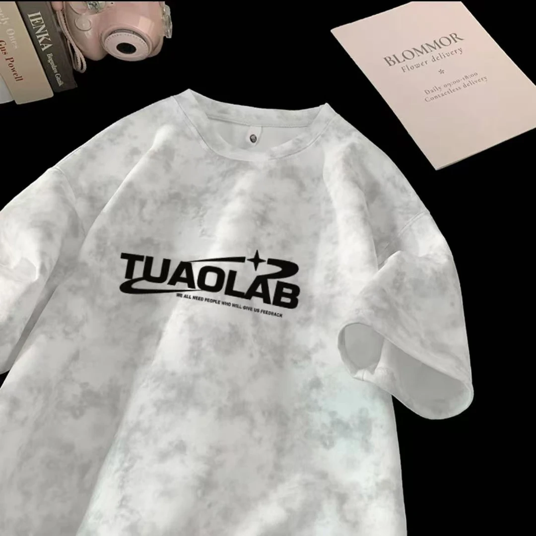 2-300斤港风潮牌新款扎染纯棉短袖T恤男女宽松时尚百搭显瘦上衣衫